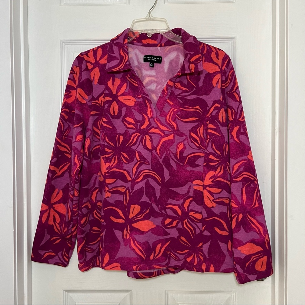 Susan Graver Weekend NWOT Mauve Deep Magenta & Orange Floral brushed Fleece Top